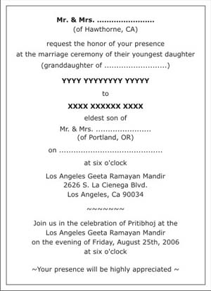 Wording for wedding invitations hindu